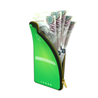 Online mobile money wallet concept. 3D rendering of Botswana Pula notes inside smart phone isolated on transparent background. money coming out of purse png