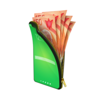 Online mobile money wallet concept. 3D rendering of Barbados Dollar notes inside smart phone isolated on transparent background. money coming out of purse png