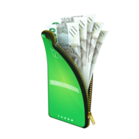 Online mobile money wallet concept. 3D rendering of Brazilian Real notes inside smart phone isolated on dark background. money coming out of purse png