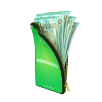 Online mobile money wallet concept. 3D rendering of Armenia Dram notes inside smart phone isolated on transparent background. money coming out of purse png