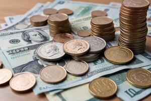 close up coin pile near banknote stack photo