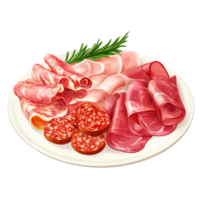 A plate with meat and sausage on it png