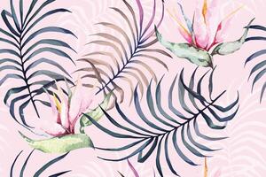 Seamless pattern of Heliconia flower and palm leaves.For the design of the wallpaper or fabric, vintage style.Flower painting for summer.Botany background. vector