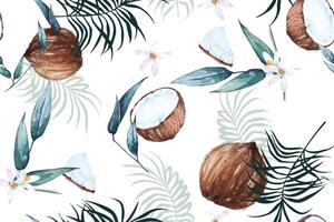 Seamless pattern of coconut, palm leaves and tropical plant painted in watercolor.For fabric and wallpaper.Natural Vantage Pattern Background. vector