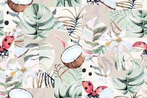 Seamless pattern of coconut, palm leaves and tropical plant painted in watercolor.For fabric and wallpaper designs from the forest.Natural Pattern Background. vector