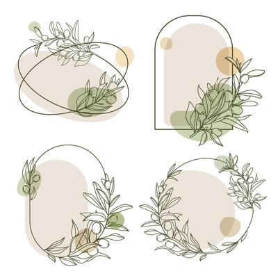 Elegant botanical frames set with Line art drawn olive branches leaves and fruits in a minimalist abstract style modern and natural aesthetic,invitations branding and packaging. illustration