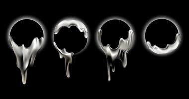 Chrome metallic liquid drips forming circular frames set with a glossy effect. Liquid metallic drips frames futuristic designs, frame, emblem, web, digital, creative backgrounds. illustration vector