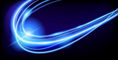 Abstract glowing blue light trails dynamically curve against a dark background, futuristic and high tech motion effect.Bright neon stripes convey energy, speed and a modern digital aesthetic. vector
