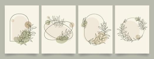 Minimalist botanical posters with hand drawn olive branches and geometric shapes frames in abstract style Soft earthy tones. Modern natural aesthetic for wall art, cover, invitations and branding. vector