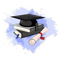 Graduation cap with books and diploma scroll illustration.University graduation celebration with diploma and cap symbolizing academic achievement and success hand drawn, watercolor background vector