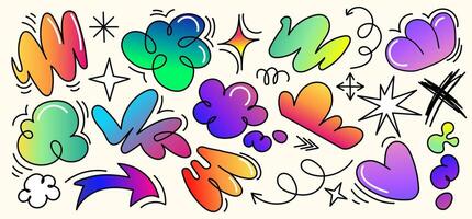 Colorful hand drawn doodle elements set with abstract shapes, hearts, arrows,scribbles in a playful graffiti style for graphic design, stickers, social media, branding,creative projects. vector
