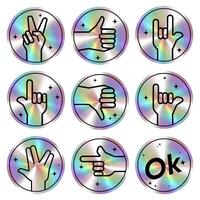 Holographic hand gesture icons various signs with thumbs up, peace, rock on, pointing, and OK symbols, with a metallic iridescent effect.Ideal for stickers,digital designs, social media,web. set vector