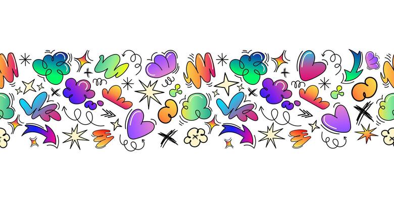 Colorful doodle seamless pattern border graffiti style with blown abstract, hearts, arrows. illustration for fabric prints, wallpapers, stationery,packaging, gift wrapping,digital backgrounds