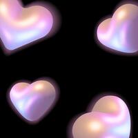 Floating iridescent 3D hearts with a soft glow on black background, modern and futuristic background.romantic themes, greeting cards, social media graphics. illustration vector