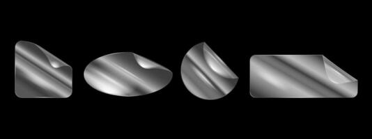 Transparent acrylic stickers with curled edges of different shapes set. Glossy adhesive labels, realistic peeled effect.Design elements for branding,packaging, labeling, web, promo,creative. vector