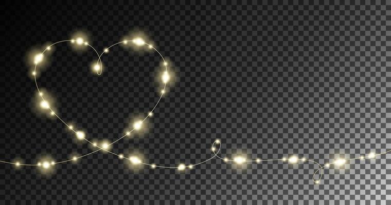 Festive Glowing String Lights forming a heart shape, perfect for romantic designs, wedding invitations, Valentine's Day, festive decorations, and digital artwork.