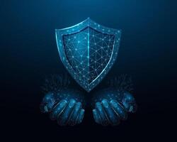 Two human hands hold a shield. Wireframe glowing low poly guard. Design on a blue background. Abstract futuristic illustration vector