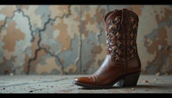 Brown Leather Cowboy Boot on Camouflage Background photo