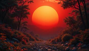 Red Sunset Over Tranquil Landscape with Rocky Stream photo