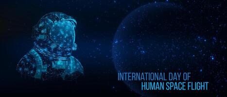 National day of human space flight concept. Futuristic modern abstract planet and astronaut on blue background vector