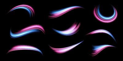 Glowing pink and blue lines set. Dynamic neon realistic energy speed wave. Abstract curve twirl light effect on a dark background vector