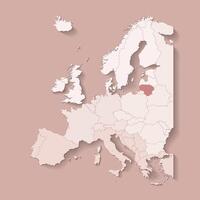illustration with european land with borders of states and marked country Lithuania. Political map in brown colors with western, south and etc regions. Beige background vector