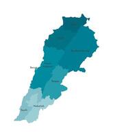 isolated illustration of simplified administrative map of Lebanon. Borders and names of governorates, regions. Colorful blue khaki silhouettes. vector