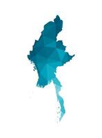 isolated illustration icon with simplified blue silhouette of Myanmar map. Polygonal geometric style, triangular shapes. White background. vector