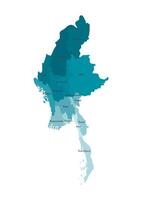 isolated illustration of simplified administrative map of Myanmar. Borders and names of the regions. Colorful blue khaki silhouettes. vector