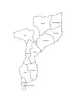 isolated illustration of simplified administrative map of Mozambique. Borders and names of the provinces, regions. Black line silhouettes. vector