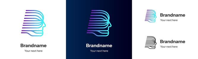 Artificial intelligence head logo. Futuristic face silhouette with digital data flow lines, circuit connections and tech inspired design. Perfect for AI branding, innovation, neural networks identity vector