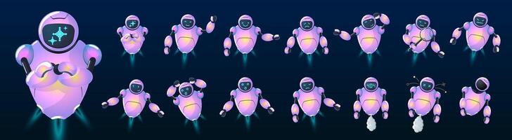 Cute robot mascot set. Futuristic AI chatbot characters in various poses. Friendly cyborgs with digital faces, neural network and tech inspired designs. Automation, virtual assistant or online service vector