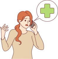 Woman calls 911 and calls for emergency medical help during personal emergency. Girl with mobile phone talks to 911 or doctor describing symptoms of disease and trying to get telemedicine diagnosis png