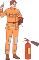 Man firefighter stands near fire extinguisher and copy of space for safety advice. Young guy firefighter from 911 service recommends being careful with electrical equipment and flammable materials png
