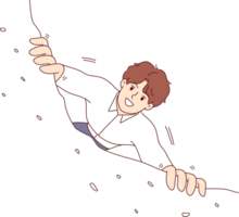 Business venture for man taking risky action and hanging off edge of cliff. Business venture for brave and courageous office clerk who wants sharp career growth or increase in salary png