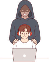 Cybercriminal stands behind little boy using laptop, for concept danger of pedophilia on internet. Cybercriminal creates risk for children visiting social networks and communicating on online forums png