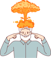 Explosion of brain in elderly man who has experienced severe strain on intellect and covers ears with fingers. Brain explosion symbolizes receiving shocking information that can drive person crazy png