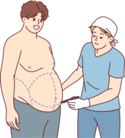 Preparation for liposuction for fat man who wants to get rid of excess weight and saggy belly. Guy visits surgeon for liposuction and abdominoplasty to get attractive body without effort png