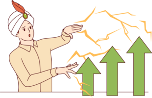 Man in wizard hat demonstrates business magic, increasing financial performance using fraudulent methods. Male sorcerer uses magic or tricks to improve economic performance of company png