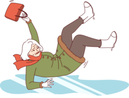 Elderly woman slips on slippery ground and falls, risking injury due to uncleaned ice. Gray-haired lady slipped on ice during winter walk and falls backwards because of uncomfortable shoes. png