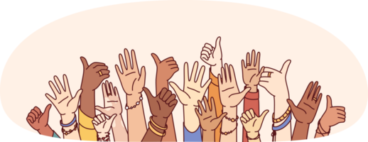 Hands of diverse people showing thumbs up or greeting gestures symbolize unity and harmony in society. Hands of crowd multiethnic men and women united png