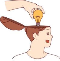 Mentor hand puts idea in shape of light bulb into man head, symbolizing training and valuable advice that causes personal development. Teacher giving idea to student during proper educational process png