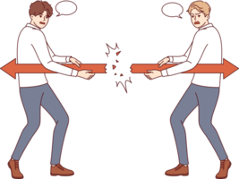 Opposite tactics of two business people pulling arrows in different directions causes conflict. Office clerks have opposite opinion, which interferes with implementation of KPI set by manager png