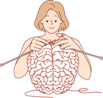 Woman creates brain using knitting as metaphor for psychological therapy and mental health care. Girl works on developing brain and memory or intelligence, helping to achieve mental stability png