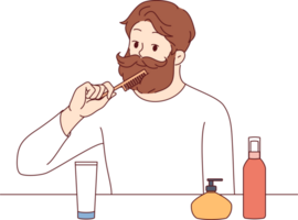 Brutal man takes care of beard and mustache, uses comb to create beautiful image. Guy combs beard while getting ready for work in morning, looks in mirror, styling hair with cosmetic gel png