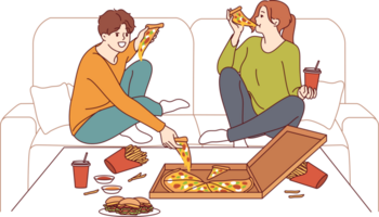 Problem of gluttony is guy and woman eating fast food, sitting on couch at table with burgers and pizza with soda. Man and girl are addicted to junk food or need treatment for gluttony. png