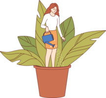 Woman is engaged in self-development and personality improvement, standing in huge flower pot, field soil. Concept of importance of self-development and mental health care for sustainable growth png