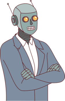 umanoide robot nel attività commerciale completo da uomo sta con braccia attraversato, dimostrando fiducia nel superiorità di artificiale intelligenza. robot capo creato Grazie per moderno tecnologie e uso di ai png