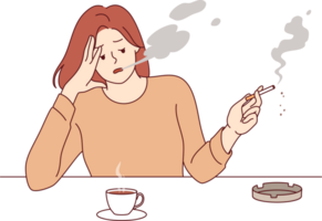 Woman smokes cigarette and drinks hot coffee from cup, sitting at table taking break after difficult work. Stressed girl suffering from tobacco addiction and habit of caffeine for energy. png