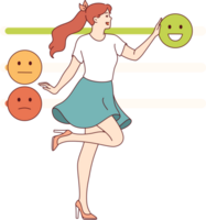 Woman with high emotional intelligence controls own behavior and moves emoji sliders. Positive girl with excellent emotional intelligence, taking care of optimistic mood to avoid stress png